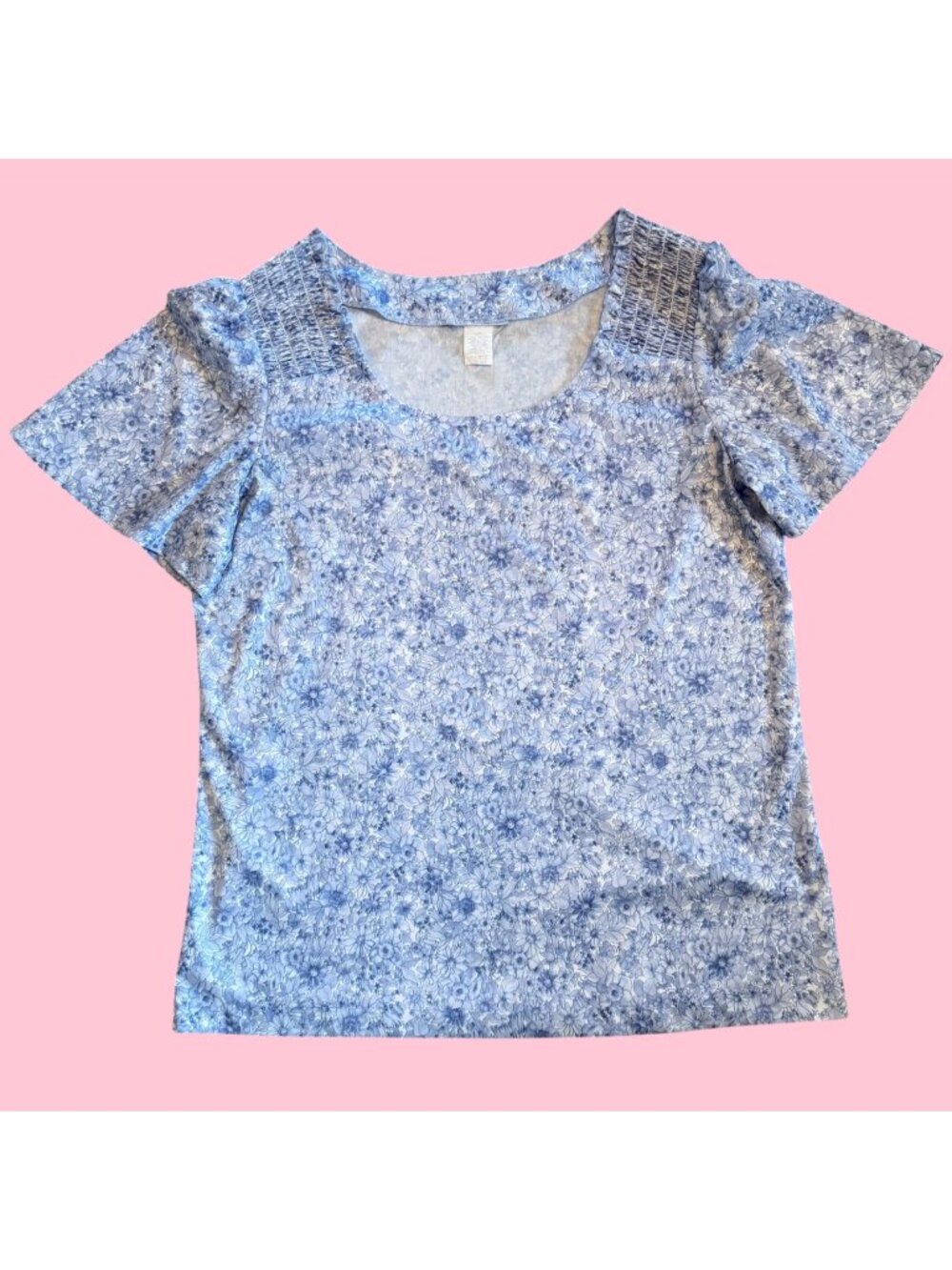 Vintage Blue And White Floral Scoop Neck Smocked Flutter Sleeve Top M